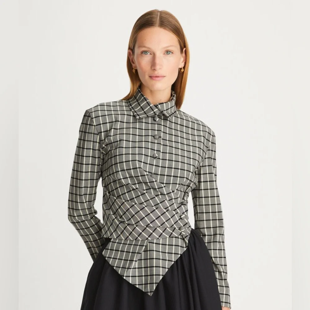 NWT $698 Tory Burch Plaid Asymmetric Wrap Shirt Blouse